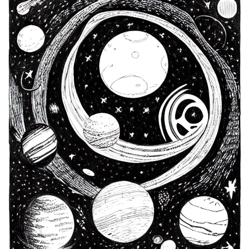 Image similar to stars and planets, detailed intricate sketch, 4k, illustration, cross hatched, black ink on white paper