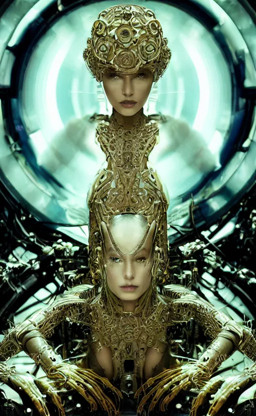 Image similar to organic cyborg queen, beautiful muse, synth, synthetic bio skin, futuristic translucent pearlescent skin, diffuse lighting, space opera, intricate, elegant, highly detailed,smooth, sharp focus, vogue poses, striking composition, highly detailed ornate sci fi background, vivid details, amalgamation of nature and technology, wires, glowing tubes, beautiful composition, painting in the style of sandro botticelli, caravaggio, albrecth durer, 8k