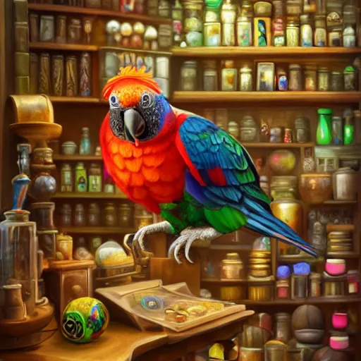 Image similar to Anthropomorphized parrot trader in his shop, shelves full, selling a gem, portrait, items, magic potions, carpet, window, fancy funny hat, sly expression , cunning expression, cute expression, presenting magic gem, D&D, fantasy, cinematic lighting, highly detailed, digital painting, artstation, concept art, smooth, sharp focus, illustration, warm light, cozy warm tint, magic the gathering artwork, volumetric lighting, 8k, no gold, no gold colours, art by Akihiko Yoshida, Greg Rutkowski