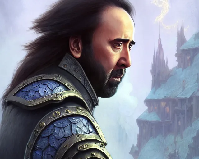 Image similar to if nicolas cage was a halfling from d & d, deep focus, d & d, fantasy, intricate, elegant, highly detailed, digital painting, artstation, concept art, matte, sharp focus, illustration, hearthstone, art by artgerm and greg rutkowski and alphonse mucha