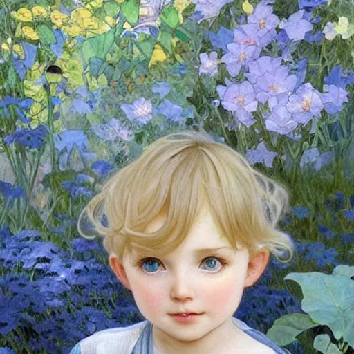 Prompt: a cute three year old boy with short straight blonde hair and blue eyes in a lovely garden, beautiful painting by artgerm and greg rutkowski and alphonse mucha, highly detailed face