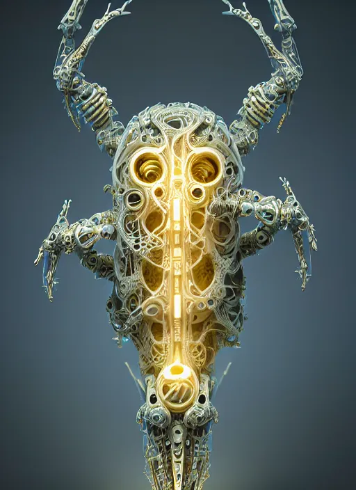 Prompt: abstract organic cyborg ornament in fluid creature, white and gold biomechanic plastic, glow lighting, fantasy, intricate, elegant, highly detailed, lifelike, photorealistic, octane render, 3d, concept art, smooth, sharp focus,