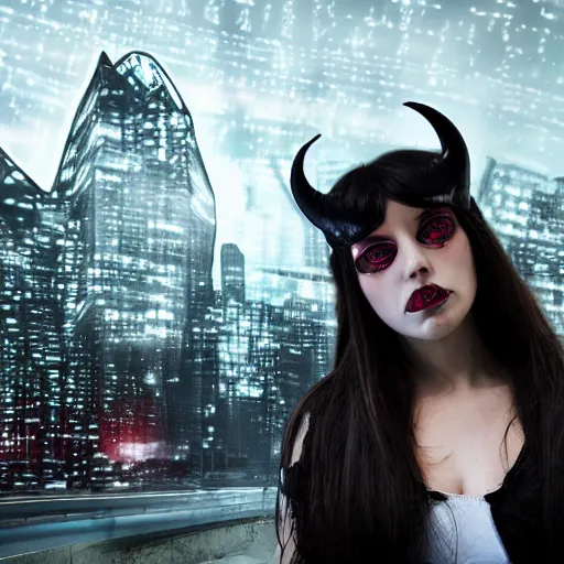 Prompt: cyber girl with demon horns and a gloomy face in front of a cybercity