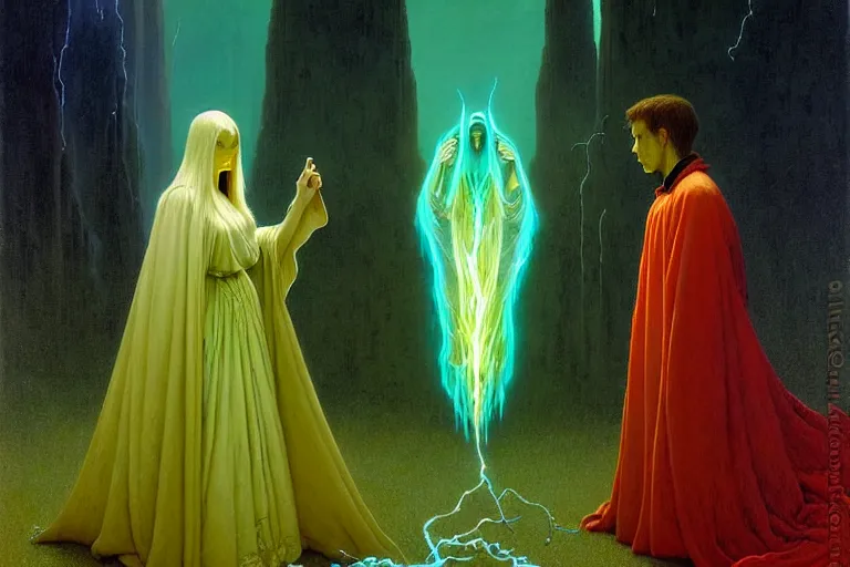 Image similar to the female arcanist and the male artificer by zacharias aagaard and albert bierstadt and gerald brom and zdzisław beksinski and james gilleard and marc simonetti and jean delville, beautiful, robes, highly detailed, hyperrealistic, intricate, energy, electricity, blue flame, low light, green crystal, high contrast