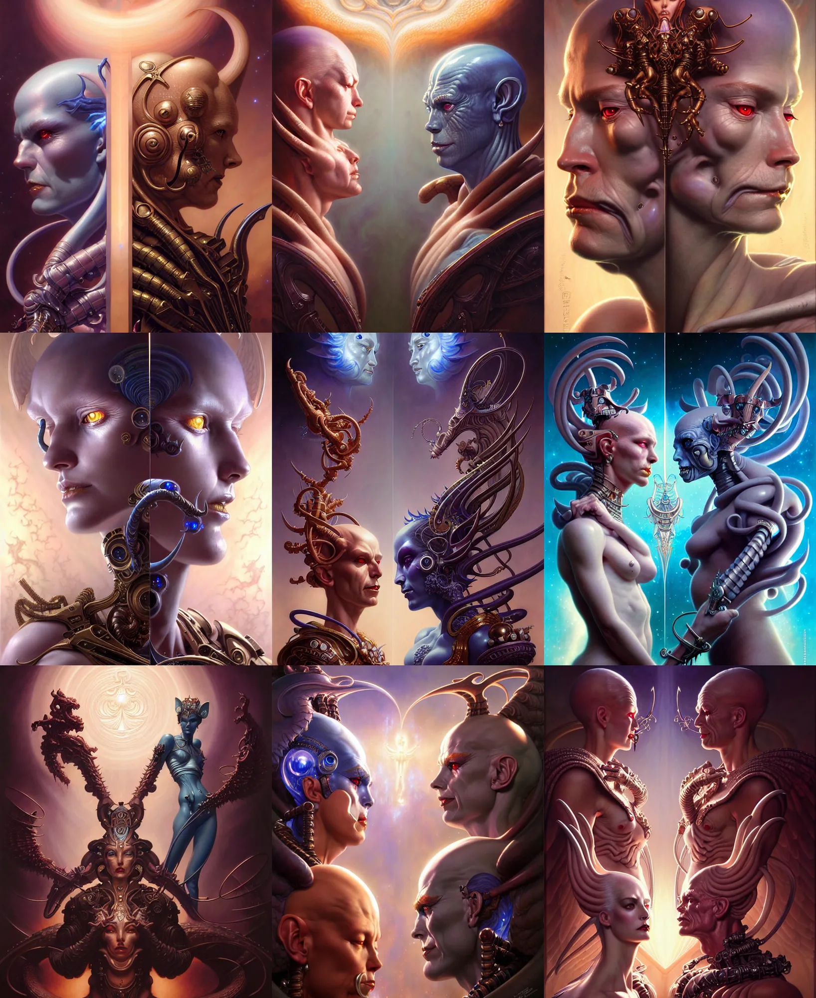 Image similar to beautiful gemini good and evil fantasy character portrait, ultra realistic, wide angle, intricate details, the fifth element artifacts, highly detailed by peter mohrbacher, hajime sorayama, wayne barlowe, boris vallejo, aaron horkey, gaston bussiere, craig mullins