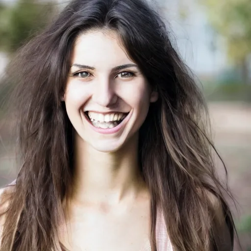 Prompt: a portrait image of a skinny 22 year old attractive woman with brown hair and large yellow eyes, a wide smile and a genuinely happy and calm expression, looking directly at the camera