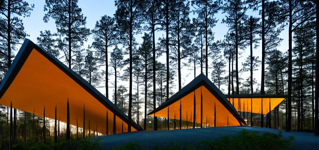 Image similar to faceted roof planes lift and descend creating shade and architectural expression, highly detailed, situated in the forest, next to a highly reflective lake, at dusk, vivid color