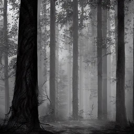 Image similar to photorealistic detailed tall skinny humanoid creature in a dark forest at night, extremly detailed, black and white, 8 k, realistic, sharp focus