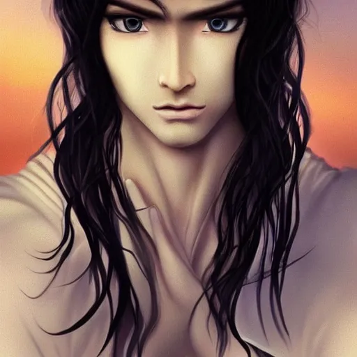 Image similar to a young priest with long black hair, fair skin like porcelain, dark melancholic eyes, stunning beautiful. digital art. very detailed. fantasy. sunset.