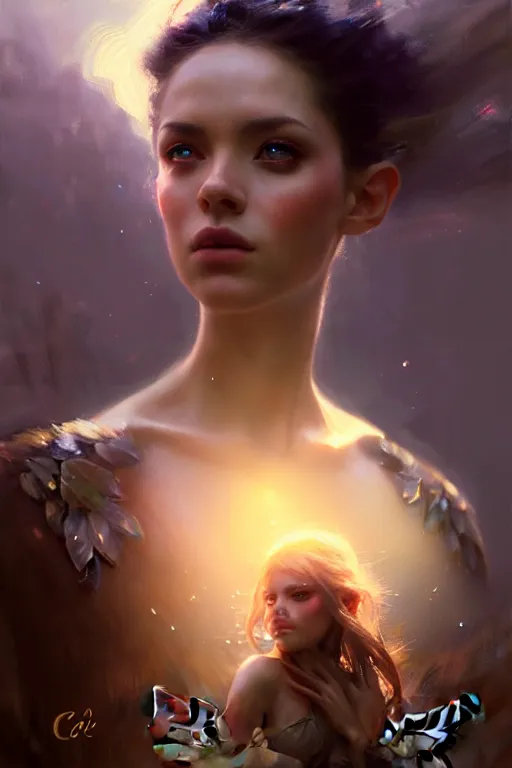 Image similar to cinematic shot of an epic portrait of a fairy dressed in military clothes, shiny skin, beautiful eyes, beautiful, small details, night setting, realistic poster with volumetric light from craig mallism, artgerm, jeremy lipkin and michael garmash, unreal engine, radiant light, detailed and complex environment, digital art, trends at art station, a masterpiece