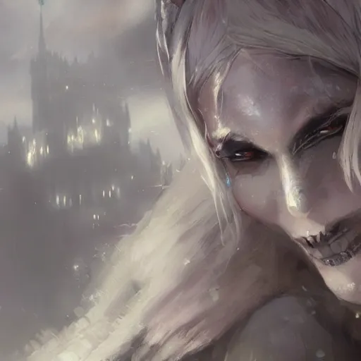 Image similar to closeup portrait of a drow elf, dungeons and dragons character, castle background, gorgeous view, realistic, high detail, digital art, painted by greg rutkowski, painted by jeremy mann, trending on artstation