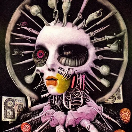 Image similar to post - punk new age album cover, asymmetrical design, dollar bank notes, capitalism, magic, apocalypse, psychedelic, black white pink, magic, giger h. r., giuseppe arcimboldo