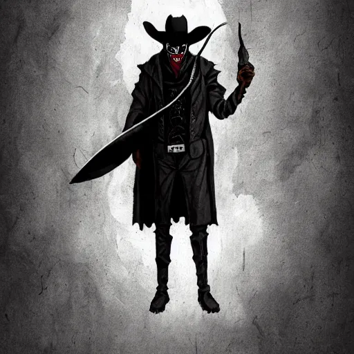 Image similar to a portrait of a plague doctor gunslinger, dark fantasy, horror, western, hell, ultrafine detailed digital pencil art by frank frazetta and vito acconci and and takeshi obata and mike mignola, death note style, colored, symetric body, cgsociety, sharp focus, cowboy shot, detailed face