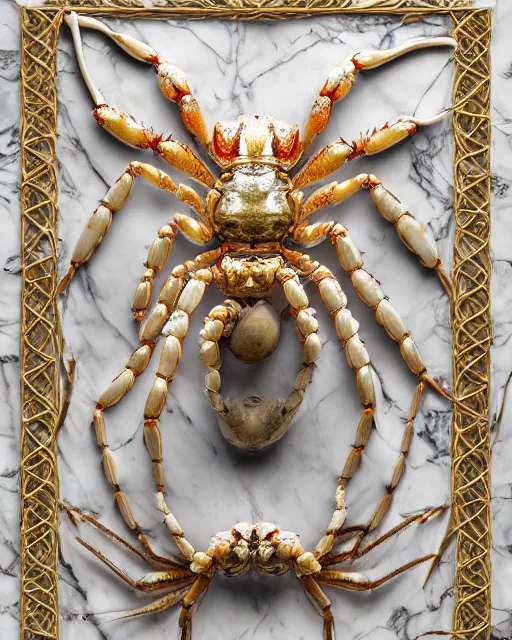 Prompt: symmetry, intracate white marble bas relief sculpture of a woman made of crabs, white marble with gold wire inlay, thousands of crabs, thousands of spiders, thousands of tarantulas, highly detailed, intricately detailed, art nuevo, octane, 8 k, hdr, art by hr geiger and ridley scott and alphonse mucha, trending on artstation