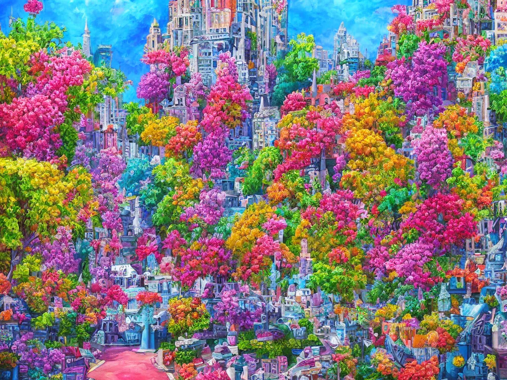 Prompt: city in bloom, colorful detailed painting, lots of details, 4k