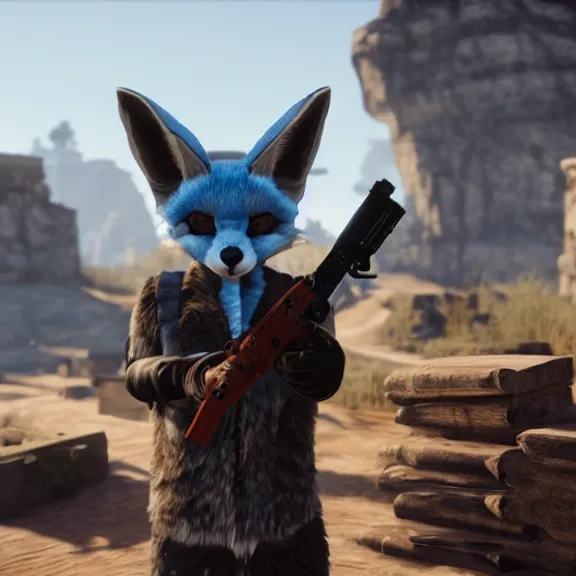 Image similar to a blue fennec fox furry in a fursuit in red dead redemption 1 holding a gun to his temple