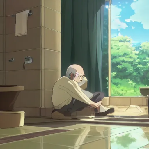 Image similar to bathroom, an old man falls on the floor,anime scenery by Makoto shinkai