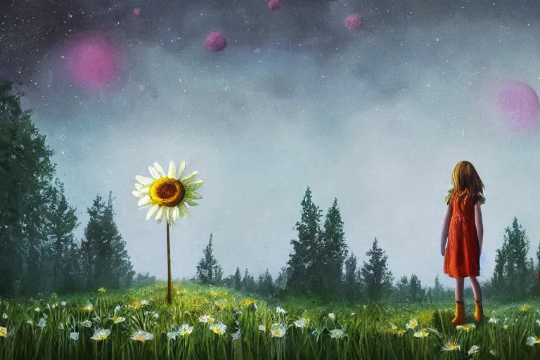 Image similar to giant daisy flower head, girl standing in forest, surreal photography, dark night, stars, moon light, impressionist painting, clouds, digital painting, artstation, simon stalenhag