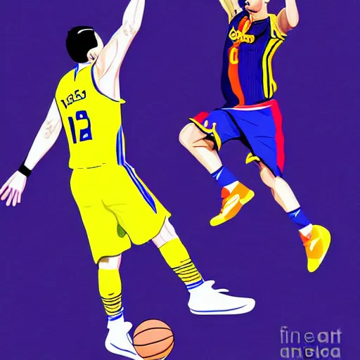 Image similar to Messi dunking on Ronaldo in the NBA, illustration,