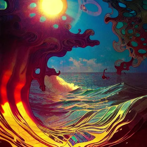 Image similar to ocean wave around giant psychedelic mushroom, lsd water, dmt droplets, backlit, sunset, refracted lighting, art by collier, albert aublet, krenz cushart, artem demura, alphonse mucha