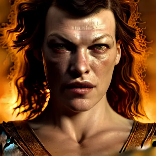 Image similar to milla jovovich as majestic gracious regal goddess persephone portrait, ancient greece, elysium, atmospheric lighting, painted, intricate, volumetric lighting, beautiful, rich deep colours masterpiece, golden hour, sharp focus, ultra detailed, by leesha hannigan, ross tran, thierry doizon, kai carpenter, ignacio fernandez rios