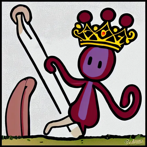 Image similar to kidney bean holding a staff, wearing crown, cartoon character, digital art, fun,