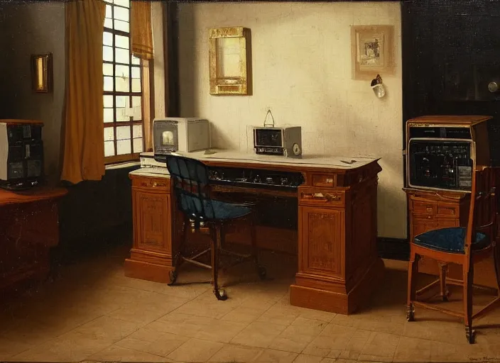 Image similar to still life painting of a retro electronics supercomputer built - in desk workstation battlestation by pieter claesz, oil on canvas, strong lighting, highly detailed, hyper realism, golden hour, god rays, hd, 4 k