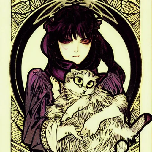 Image similar to gothic lolita and her cat companion. chiaroscuro manga artbook illustration by clamp and alphonse mucha.