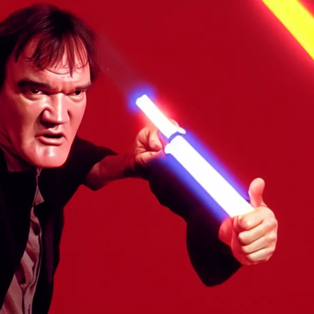 Prompt: quentin tarantino giving his thumbs up with one hand, and raising a lightsaber with his other hand. without characters. red background. cinematic trailer format.
