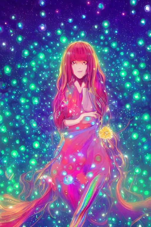 Prompt: psychedelic, whimsical, anime, 4k, beautiful intimate woman with professional makeup, long trippy hair, a crystal and flower dress, bathing in a reflective pond, underneath the stars, rainbow fireflies, trending on patreon, deviantart, twitter, artstation, volumetric lighting, heavy contrast, art style of Ross Tran and Ilya Kuvshinov