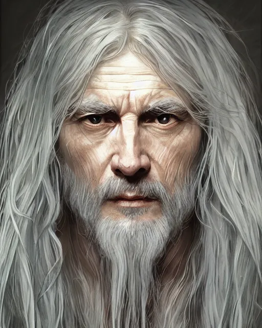 Image similar to portrait of 4 0 - year - old man with long white hair with a pale complexion, clear face, pointed face and grey eyes, hyper realistic face, beautiful eyes, fantasy art, in the style of greg rutkowski, intricate, alphonse mucha, hyper detailed, smooth