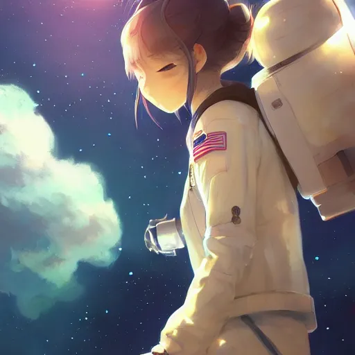 Image similar to anime girl astronaut looking at the universe, by wenjun lin, krenzcushart, loundraw, makoto shinkai