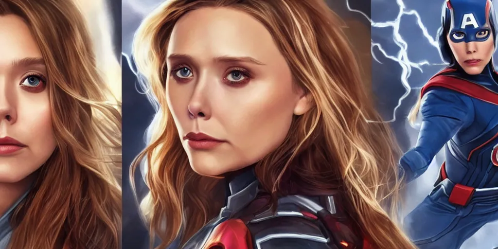 Prompt: Photorealistic art of Elizabeth Olsen as all of the Avengers, full body, action shot, high definition, cinematic, realistic
