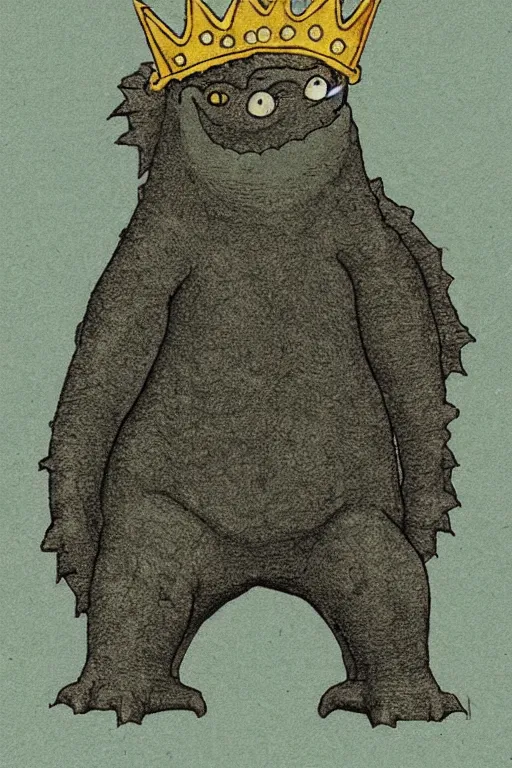 Image similar to godzilla wearing a crown, by maurice sendak