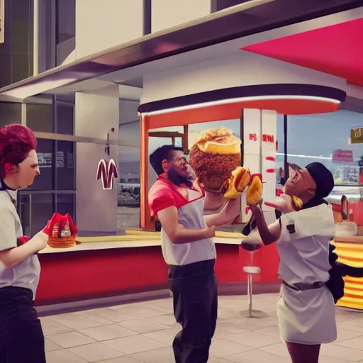 Image similar to macdonalds restaurant staff fighting with kfc restaurant staff, hyper real, 8 k, octane render, vivid, bright, photo realistic, city street, riot