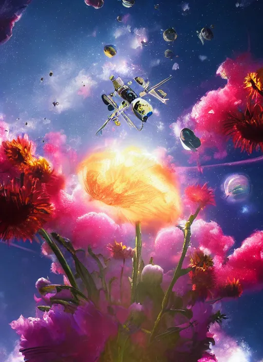 Image similar to An epic fantastic realism comic book style painting of the most beautiful flowers launched into space, bouquets, glorious galactic collision, sharp focus, fisheye, unreal 5, DAZ, hyperrealistic, octane render, dynamic lighting