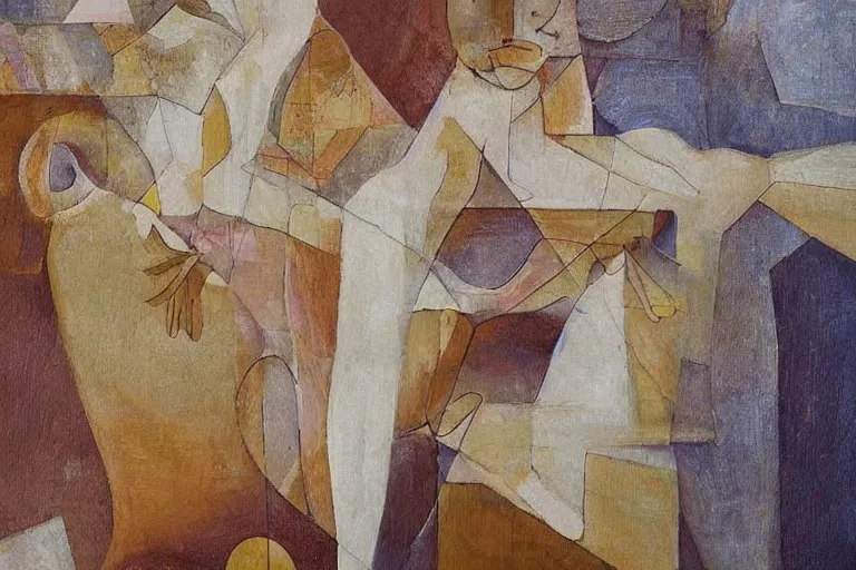 Prompt: intricate, amazing, abstract and / or modernism, cubism and / or romanticism, painting by yasemin karabenli, soft color palette