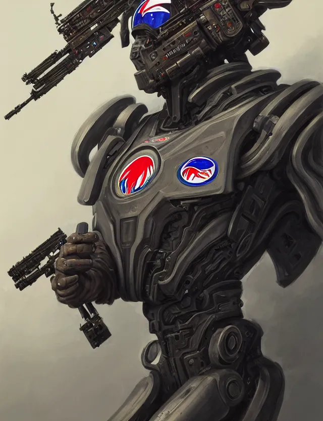 Image similar to a portrait of a tactical exoskeleton with miniguns painted with the pepsi logo, by moebius and tyler edlin and hr giger, trending on artstation, digital art, 4 k resolution, detailed, high quality, sharp focus, hq artwork, coherent, insane detail, concept art