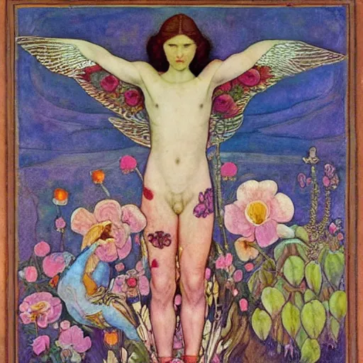 Image similar to the flower prince, by Annie Swynnerton and Nicholas Roerich and Diego Rivera, bioluminescent skin, floral tattoos, wings made out of flowers, elaborate costume, geometric ornament, symbolist, smooth, sharp focus, extremely detailed