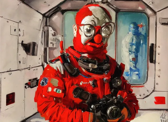 Prompt: a highly detailed beautiful portrait of a clown in full red tactical gear on a space station, by gregory manchess, james gurney, james jean