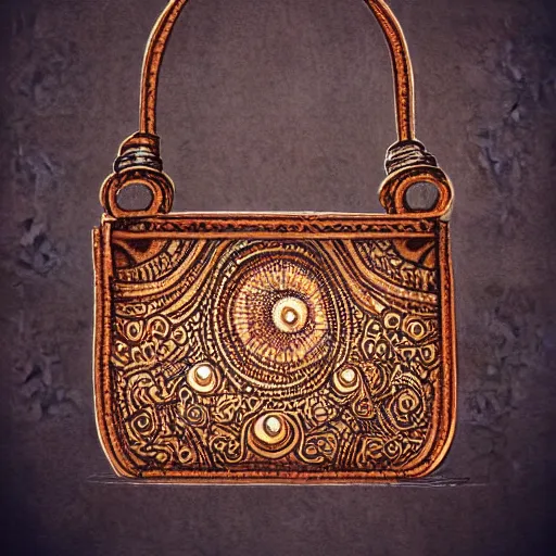 Image similar to an ornate small leather bag, fantasy illustration, medieval era, blank background, studio lighting, hand - drawn digital art