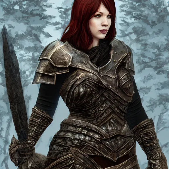 Image similar to photorealistic, christina rene hendricks as a skyrim warrior cosplay character, d & d, fantasy, highly detailed, digital art, trending on artstation, smooth, sharp focus, illustration, art by peter tang and artgem