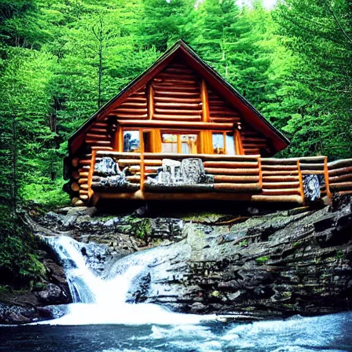 Prompt: “log cabin by waterfall”
