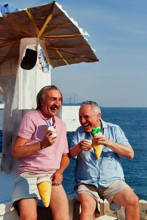 Prompt: Braco the gazer and ivica prokić at the seaside eating ice creams, they are both laughing maniacally