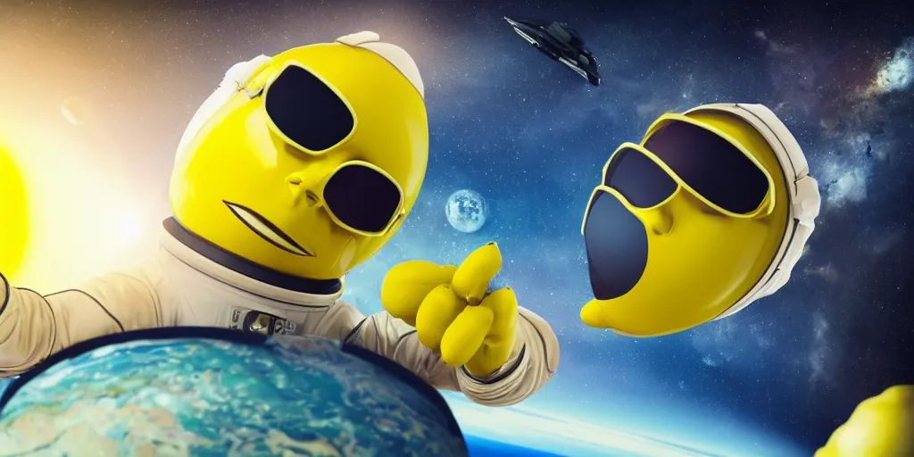 Prompt: ripe lemon astronaut is wearing sunglasses while gazing from the cockpit of space plane. Scene outer space. Background earth. Photorealistic