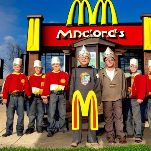 Image similar to king author and the knights of mcdonalds, highly detailed, high quality, high resolution