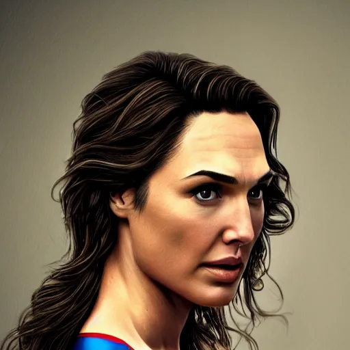 Prompt: an potrait of gal Gadot cast of movie man of steel and wearing a superman suit, photorealistic, 4k