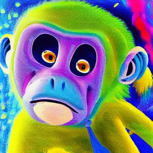 Image similar to excited young monkey underwater, sparkly, colorful, oil painting