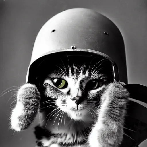 Prompt: Close up of a cat wearing soldier helmet in the battle, ww2 historical photography, black & white