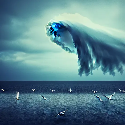 Image similar to a tornado!! made of seagulls, windy, cloudy, realistic reflections, cinematic lighting